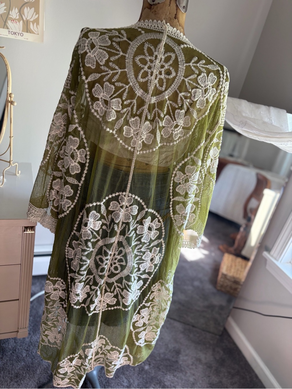Olive Green Lace-Trim Kimono Duster- Unbranded - Picture 3 of 7